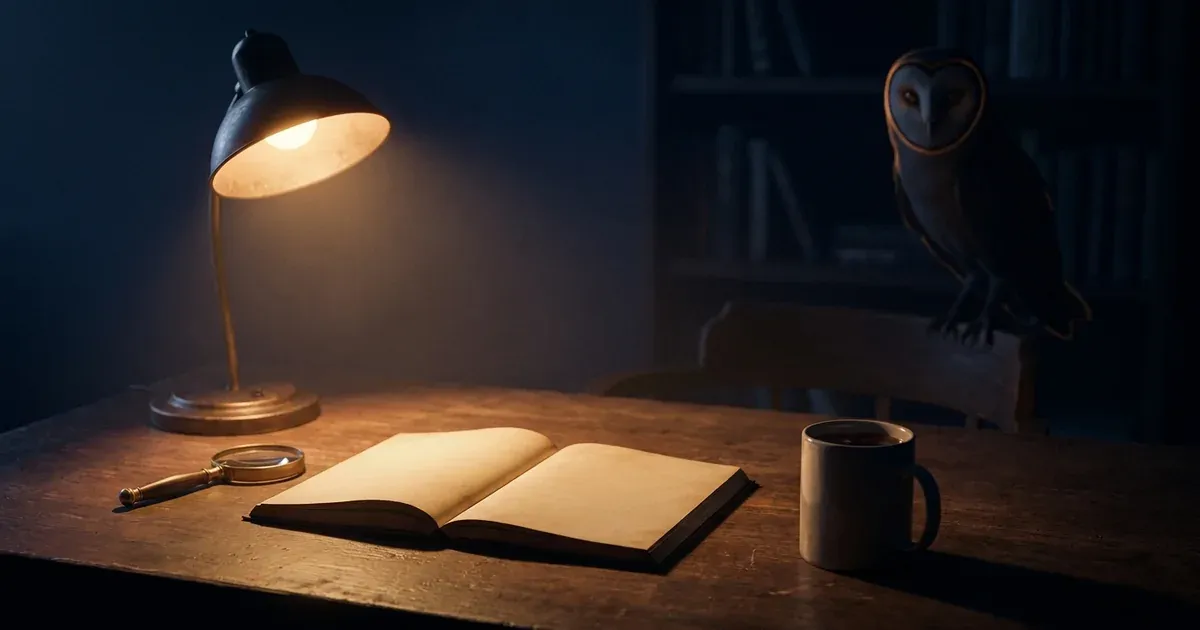 A desk at night with a warm lamp, notebook and magnifying glass, an owl watching calmly from the background