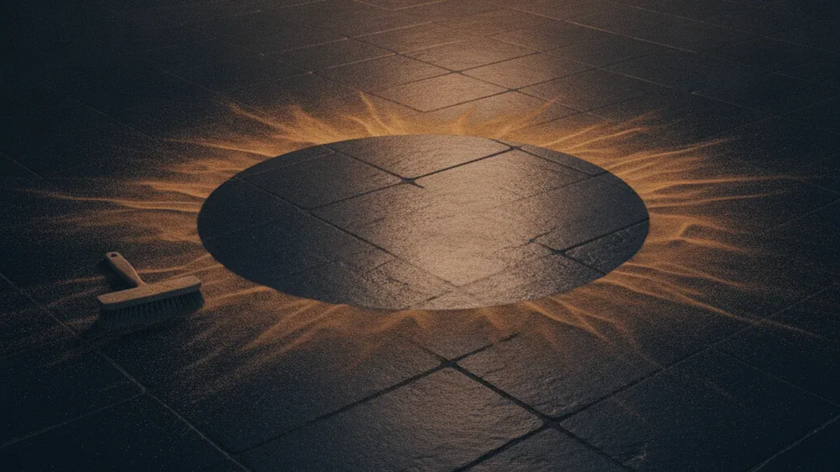 A dark stone floor under fine warm dust with one circular patch swept clean and the brush set down beside it