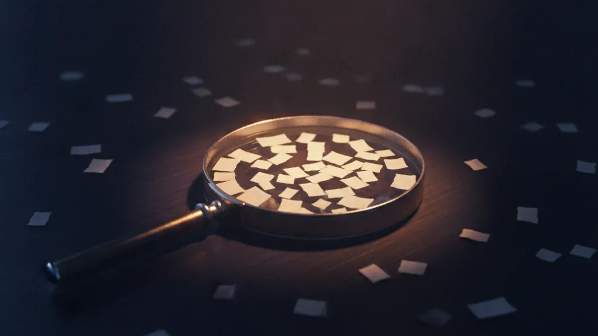 A plain glass magnifier with a dark metal rim lying flat on a dark table over scattered blank paper scraps that appear larger and closer together beneath the lens
