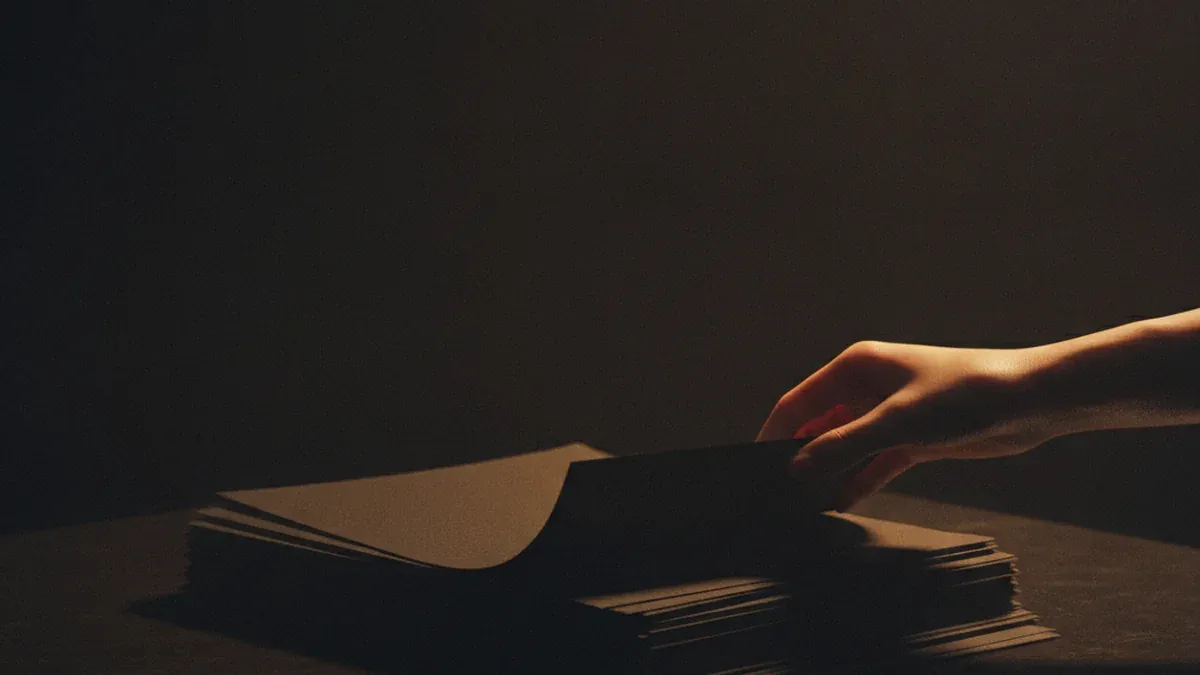 A hand reaching in dim warm light for the top blank sheet of a thick stack of identical dark sheets on a table