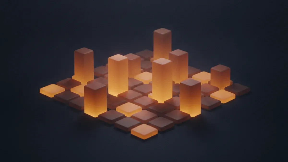 An orderly grid of matte glowing blocks of differing heights on a dark surface, suggesting an overview board without any labels