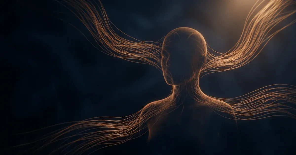 Many fine bright lines converge on a dark background from different directions and form the faint silhouette of a person where they meet