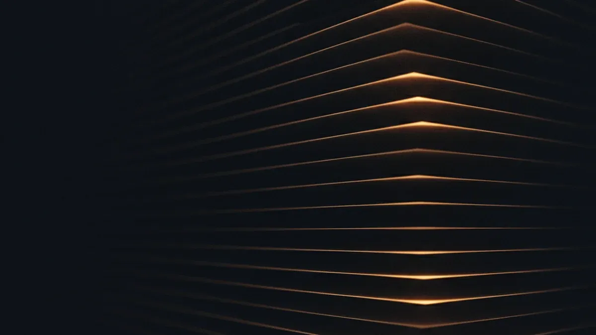 Densely stacked horizontal lines of light on a dark background converging towards a vertical ridge in the centre of the frame