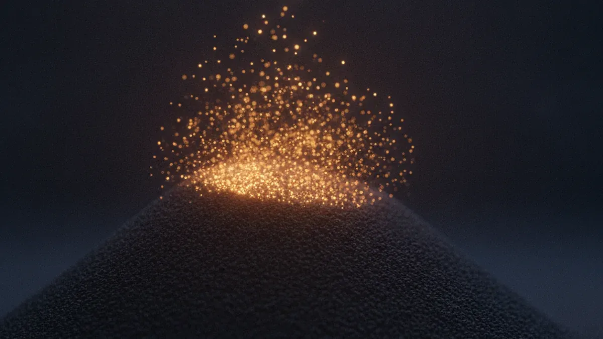 A dark granular mound from whose peak glowing particles rise and dissolve into the darkness while the heap below stays in place
