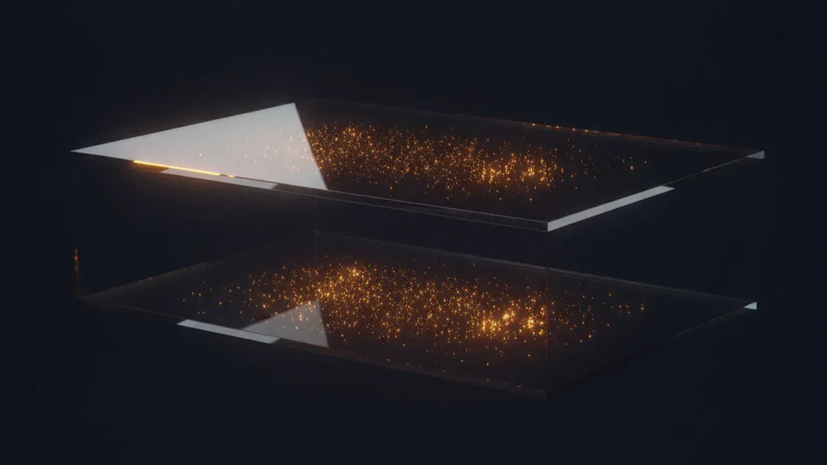 A transparent glass box floats above its own reflection, filled with a drifting cloud of tiny warm glowing particles