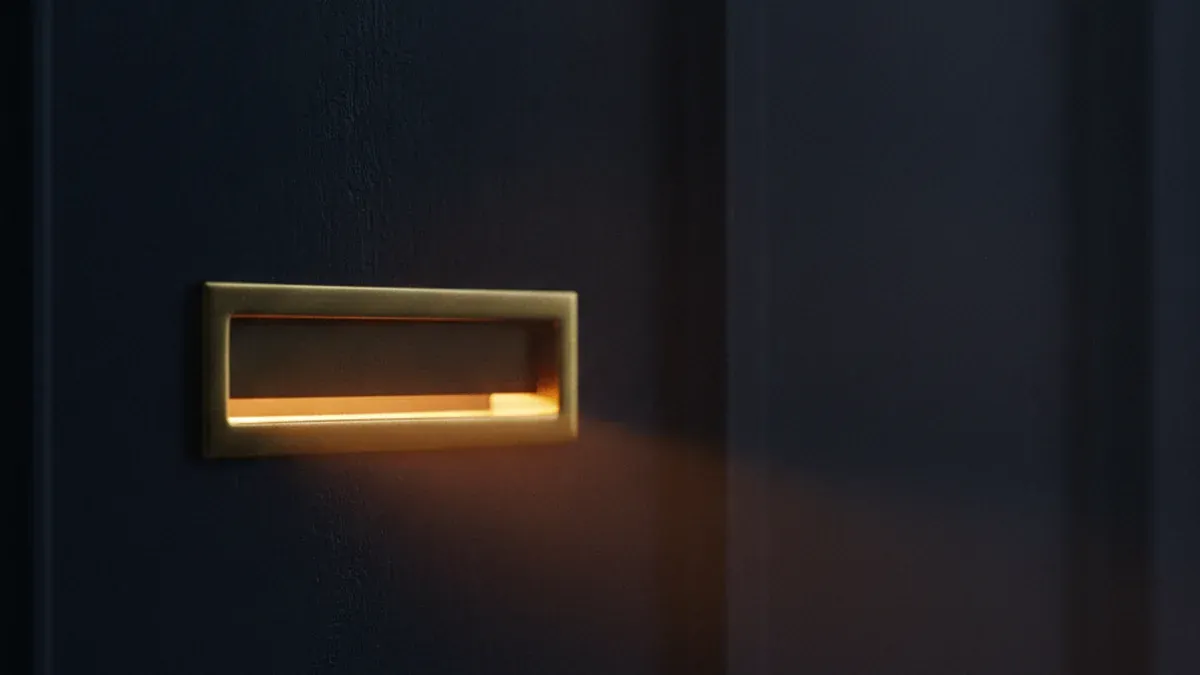 A narrow brass letter slot set into a heavy dark door with a warm band of light glowing outward through the opening