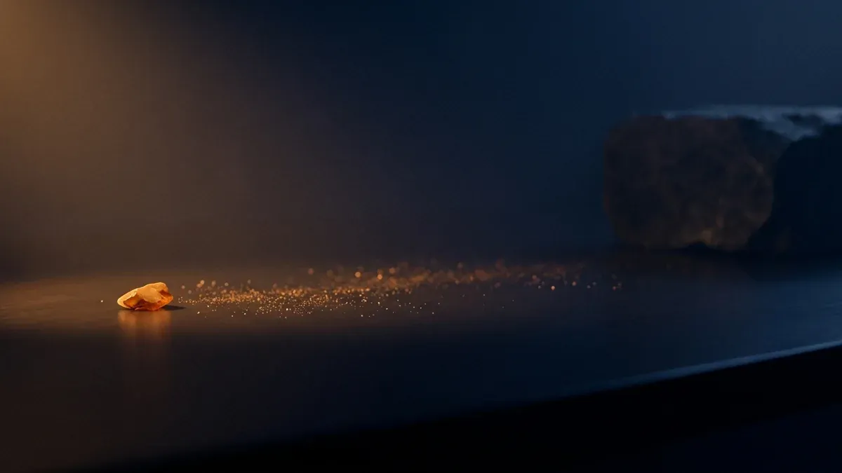 A large dark stone sits almost invisible in shadow at the right edge while a tiny chipped fragment lies alone in a small pool of warm light far to the left