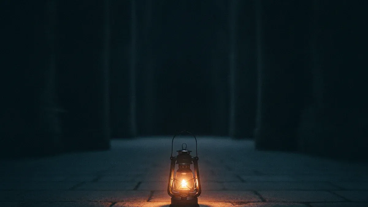 A small oil lantern stands on the floor of a vast dark hall casting one modest circle of warm light while the rest of the space stays entirely dark