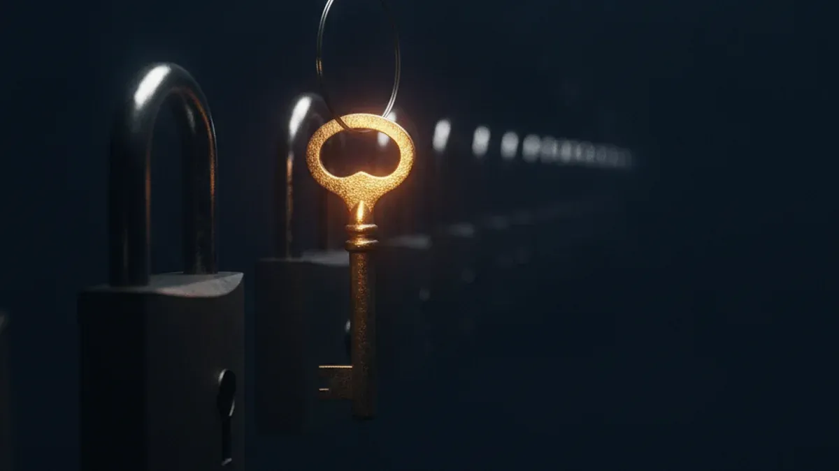 A single brass key hangs on a fine wire in the foreground while a long row of identical dark locks recedes out of focus into the shadows behind it