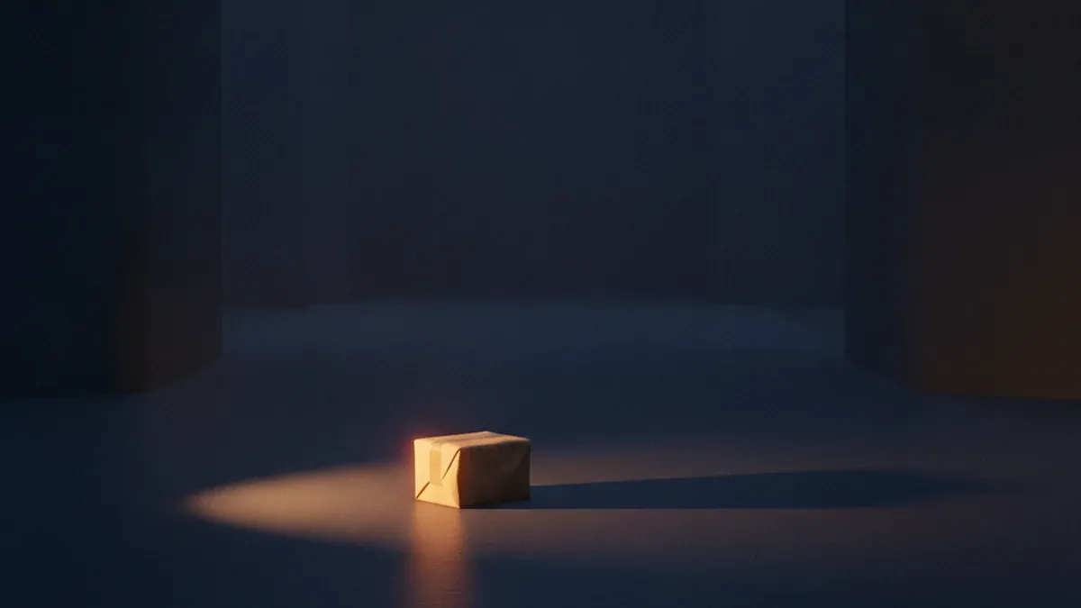 A small plain parcel stands alone on the floor of a large dim room casting a shadow far too long for its size in warm raking light