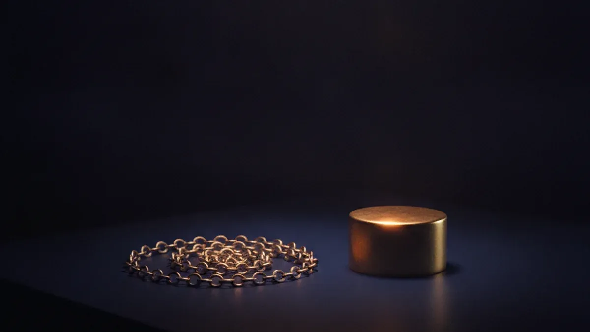 A short length of fine chain lies on a dark desk with the nearest links lit by a warm lamp while the far end runs off the edge and disappears into black