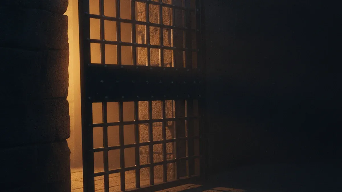 A heavy dark iron gate lowered across a narrow passage in raking warm light, with a wide gap still open at one end where the light streams through unhindered