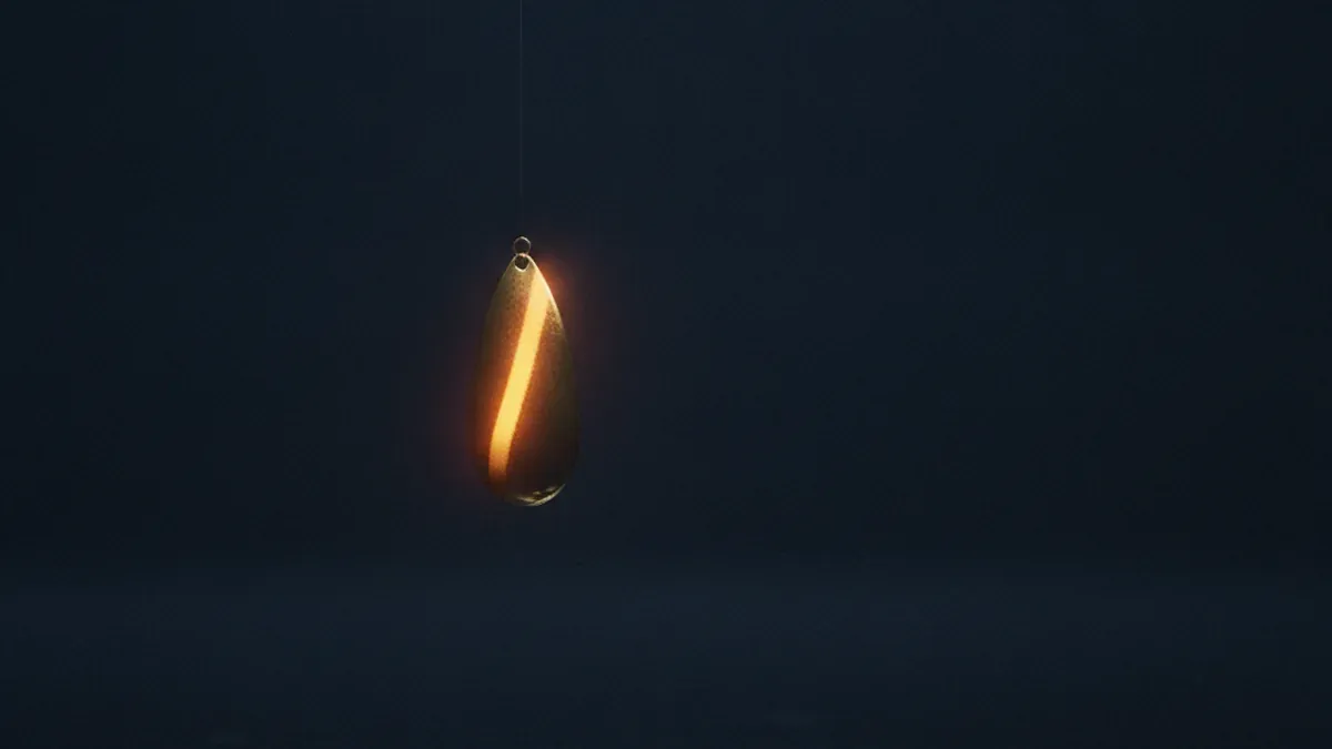 A polished brass fishing lure hangs motionless on a fine line in deep darkness, one warm highlight running along its flank, still water barely visible far below
