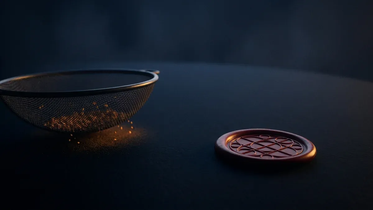 On a wide dark table a shallow sieve of fine mesh holds a few grains of warm light while others fall through, beside it a plain dark red wax disc pressed with an abstract geometric pattern