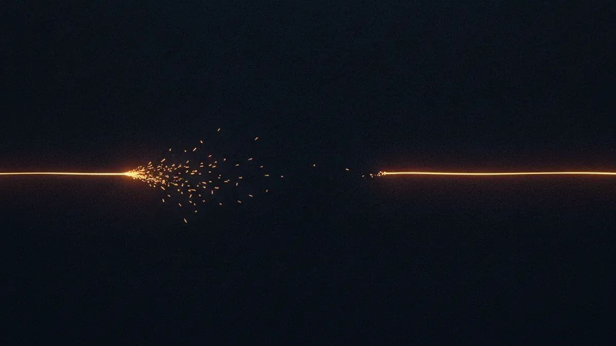 A fine warm thread of light running horizontally across an almost black surface, breaking apart in the centre into a spray of scattered sparks