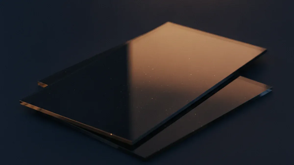 A dark reflective slab of glass on a table throwing a second identical reflection of itself, both surfaces completely blank apart from one warm highlight