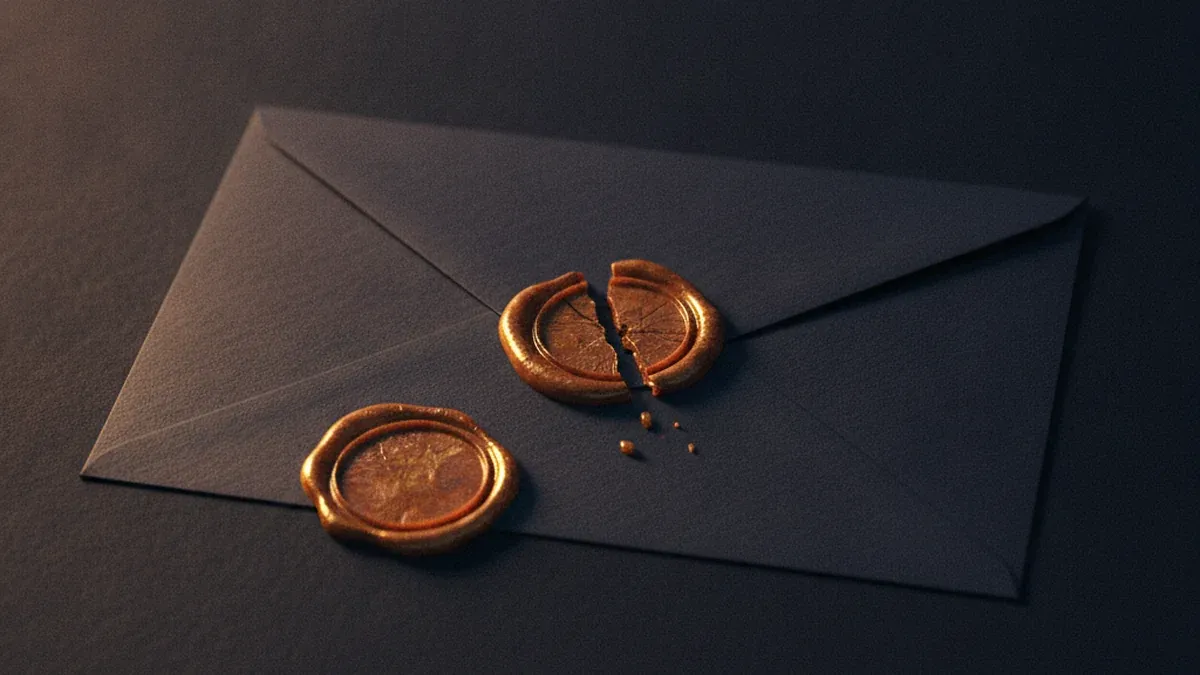 A plain dark envelope resting on a surface, its wax seal cleanly broken, with a second undamaged seal lying next to it in warm raking light